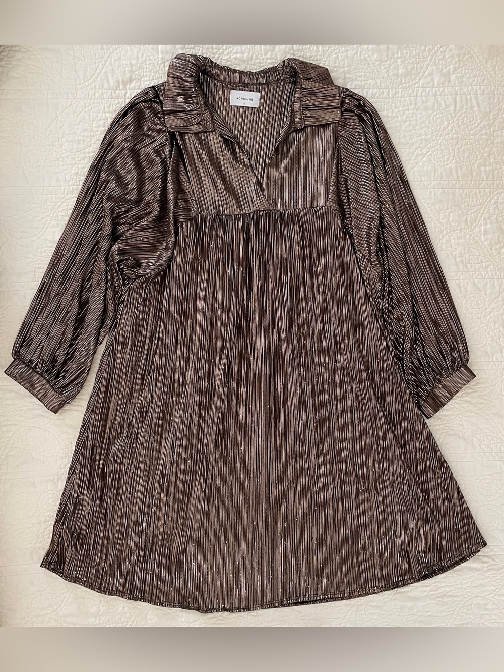 Adrienne Savannah Mini Dress Metalic Gold Brown Puff Sleeve Boho Sz S